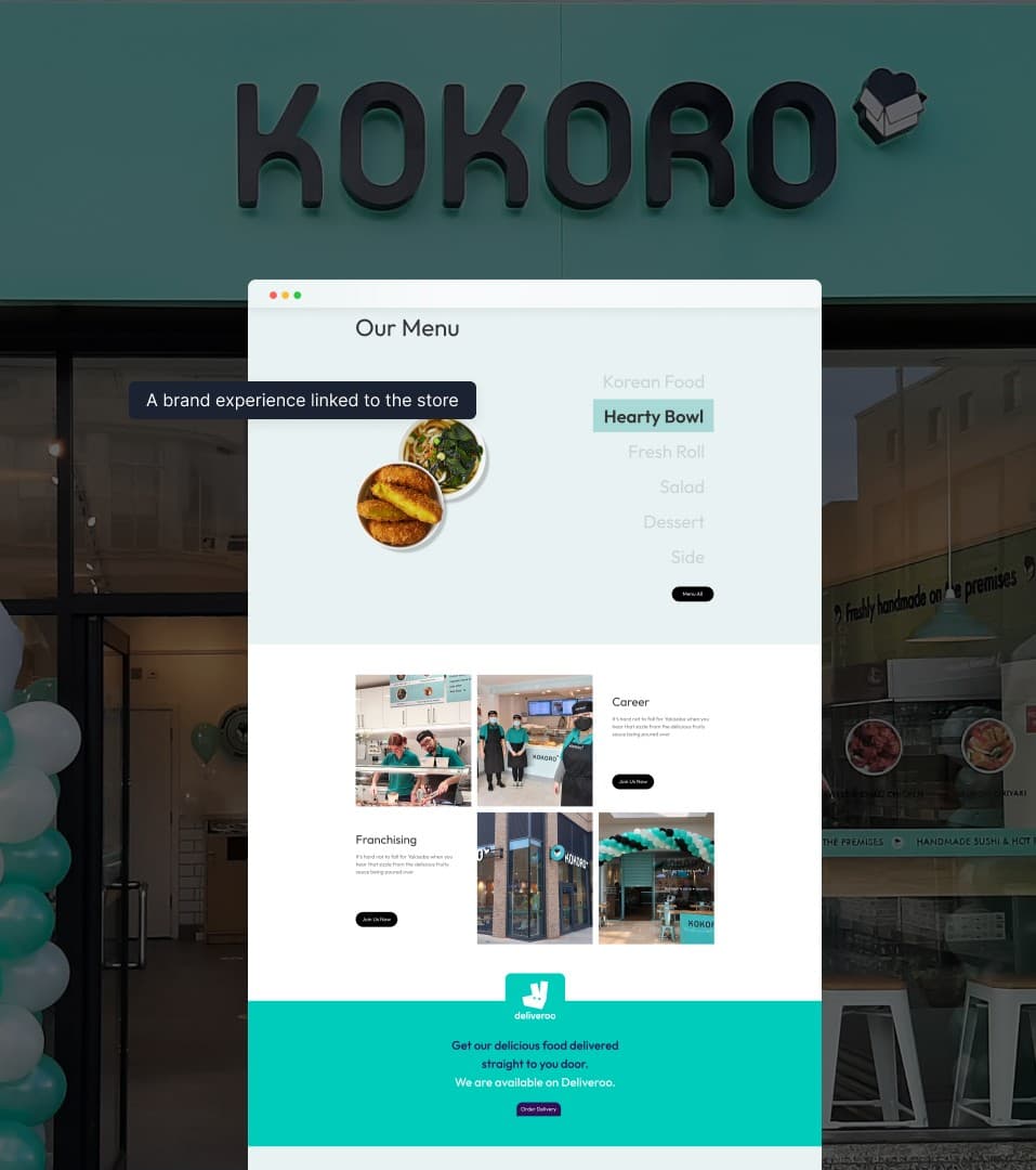 New Kokoro website in the store's mint, shown over a photo of a store front