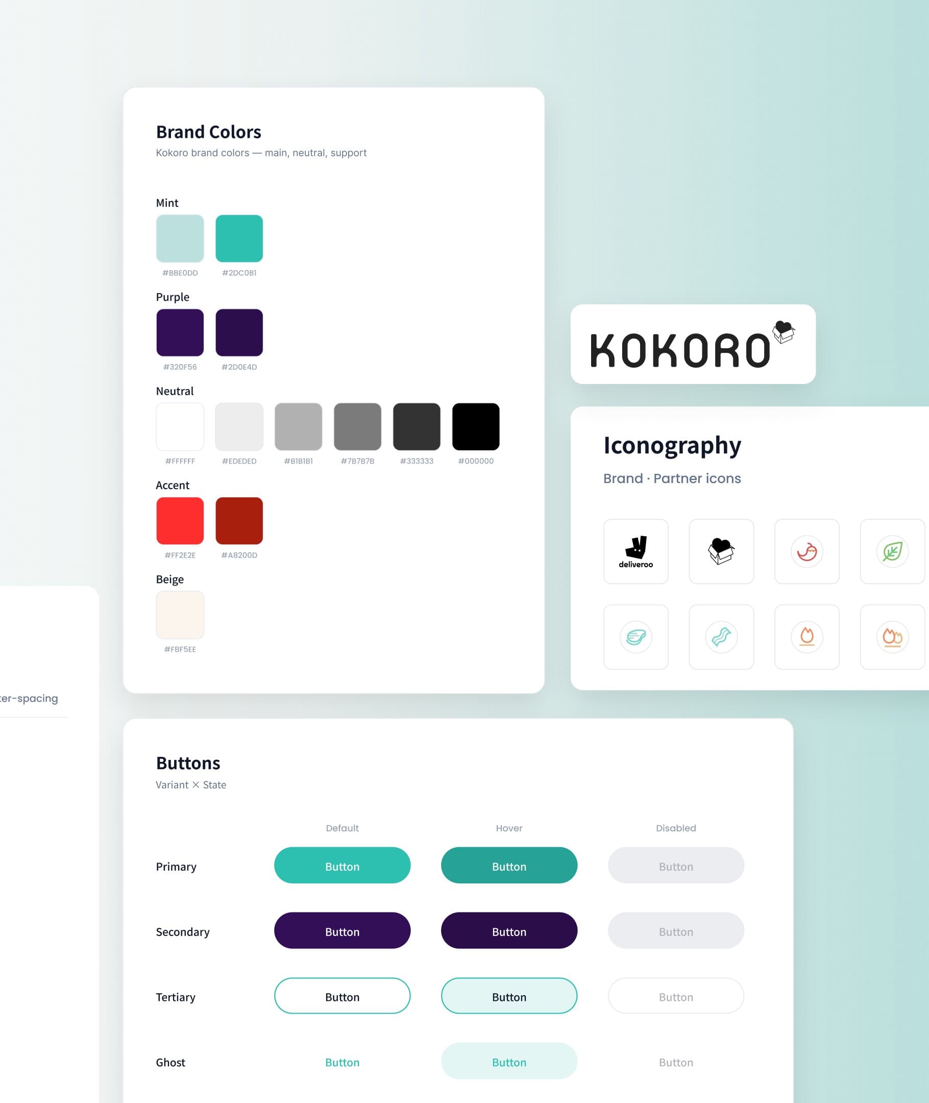Kokoro brand colors, iconography, and button variants