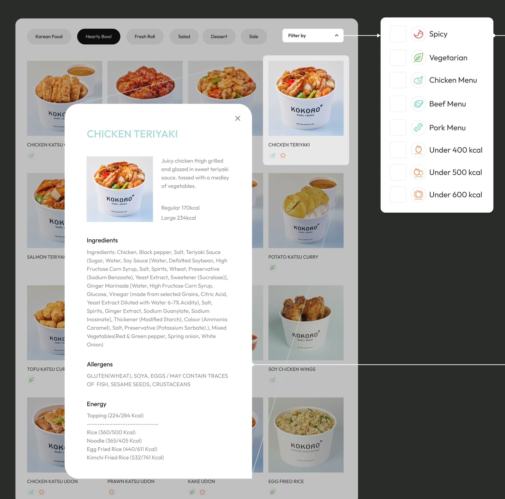 Menu with the filter menu open and a dish detail showing ingredients, allergens, and energy