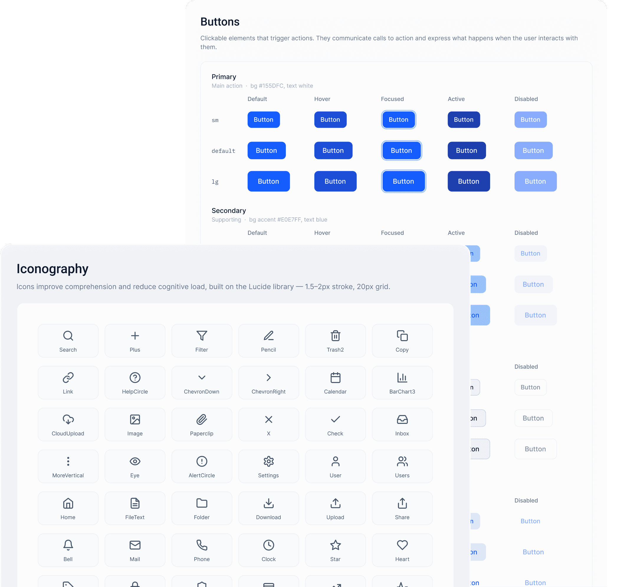 Button variants by size and state, and the iconography set