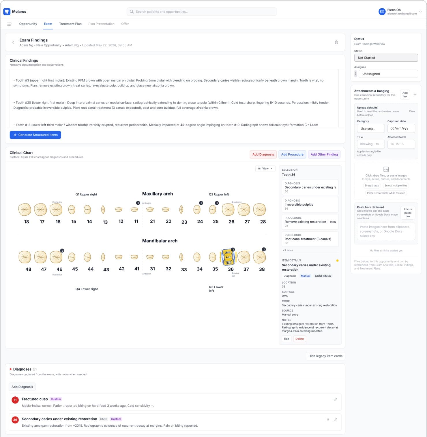 Exam Findings before — content blocks span the full width and the diagnoses sit in a separate section below the chart