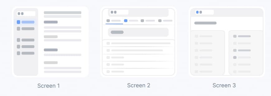 Three screens with three different information structures