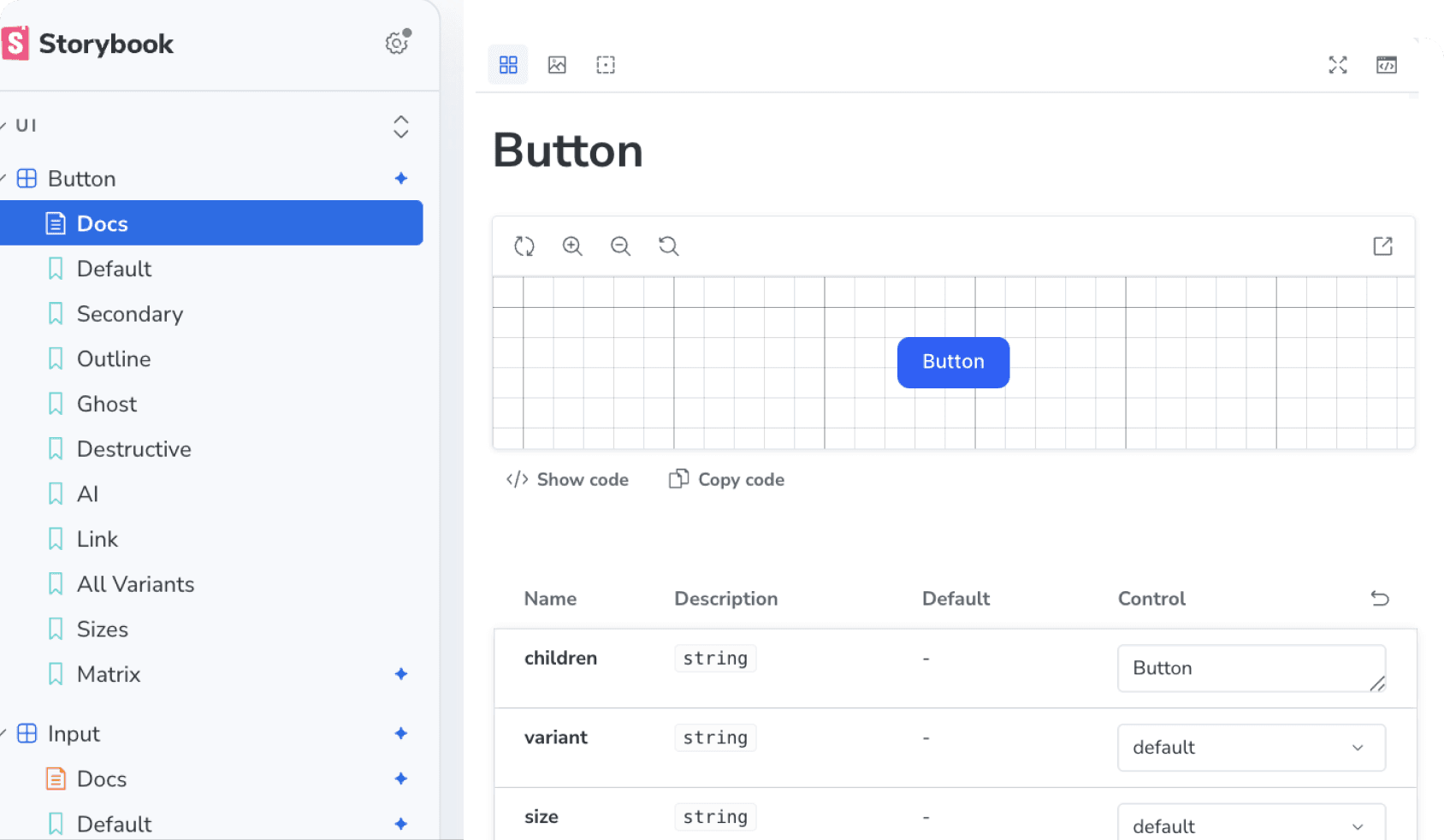 Storybook docs page for the Button component