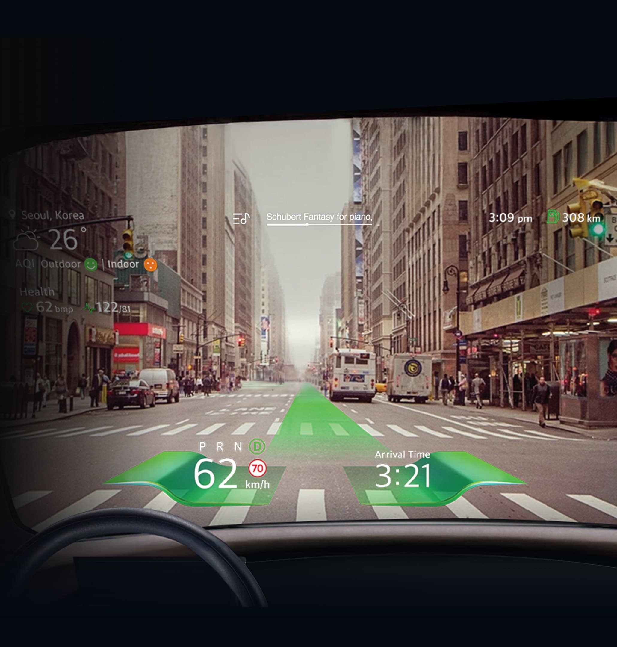 Windshield head-up display showing speed, route, and arrival time over a city street