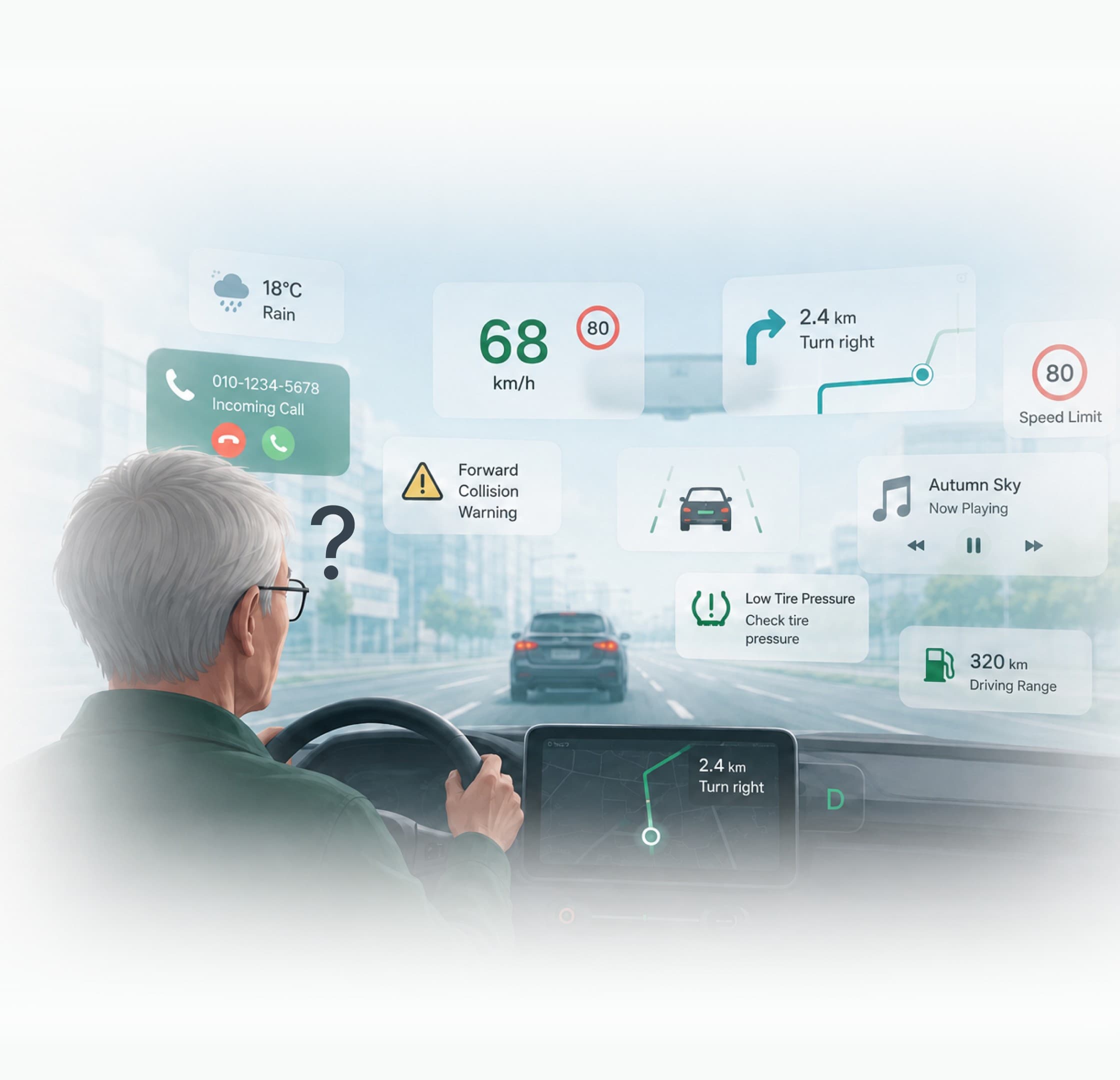 A senior driver surrounded by a crowd of floating driving-information panels