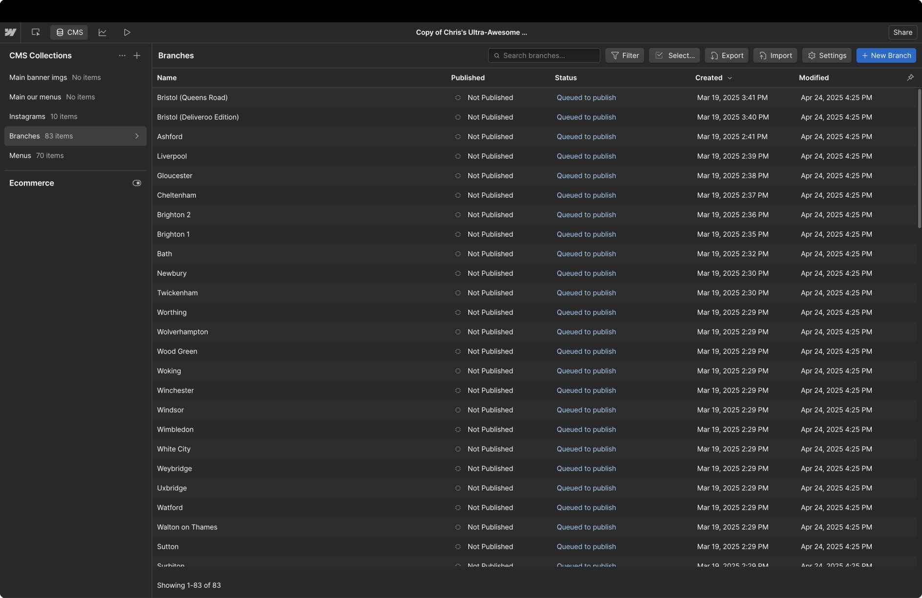 Webflow CMS listing Kokoro's 83 branches, each one an editable item