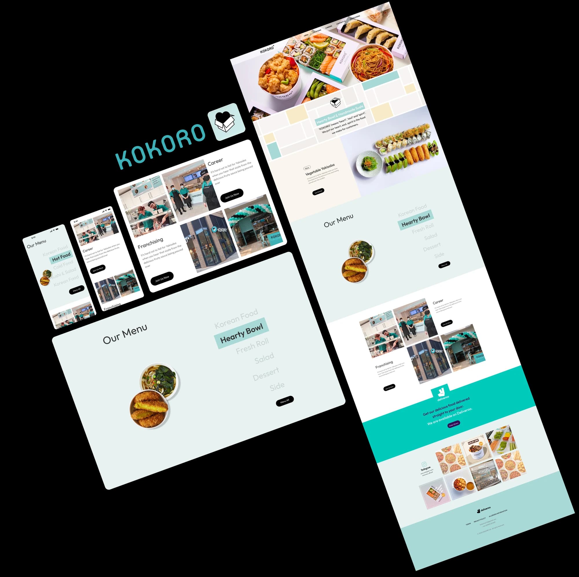 Kokoro website pages — menu, careers, franchising — across phone and desktop