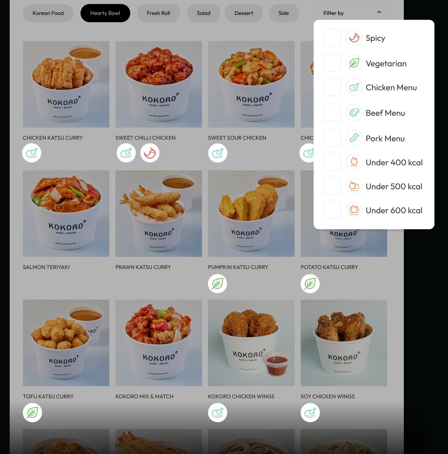 New menu page — category tabs, a filter menu, and dishes as cards