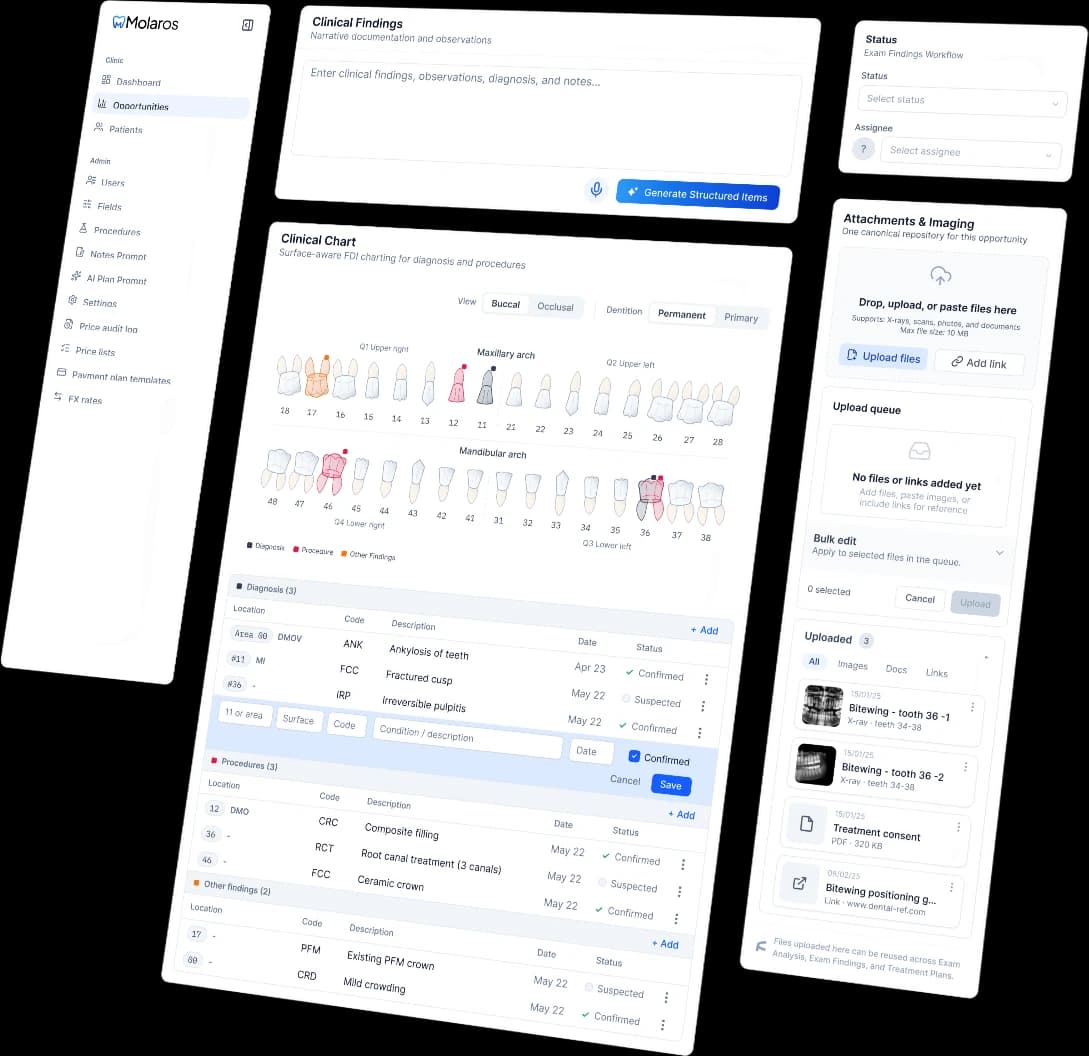 MolarOS Exam Findings screen with the clinical chart
